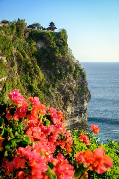 Acantilados y flores del templo de Uluwatu en Uluwatu Bali