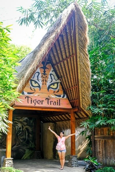 Mi mujer parada en la entrada de la exhibición de tigres en el zoológico de Bali.