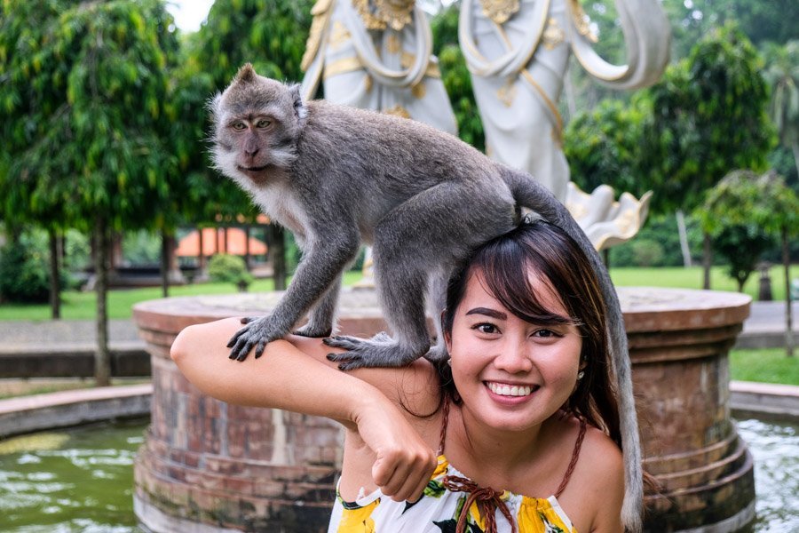 Chica sujetando un mono de Bali en Sangeh