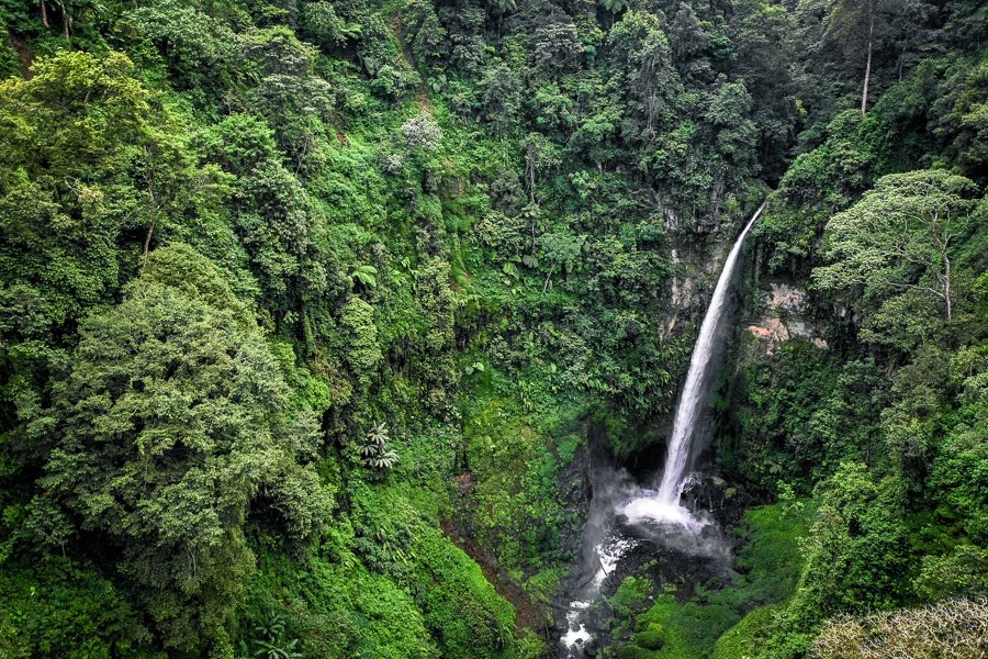 Fotografía de drones de la cascada Coban Pelangi en Java Oriental, Indonesia