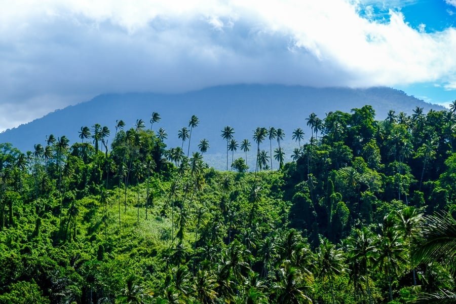 Volcán en las nubes y la selva cerca de la cascada Tunan en Sulawesi