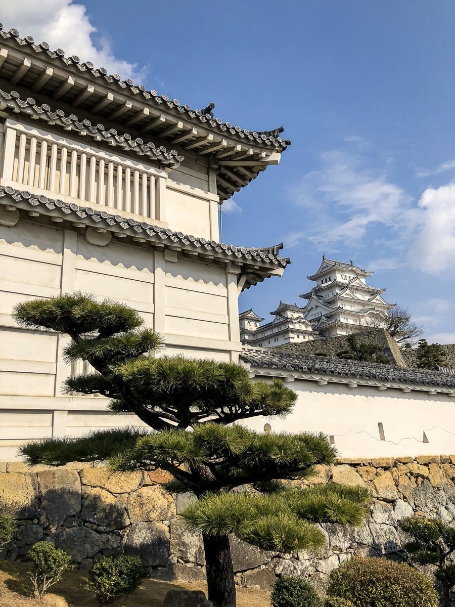 Muro y el mantenimiento principal en la distancia en el castillo de Himeji en Japón