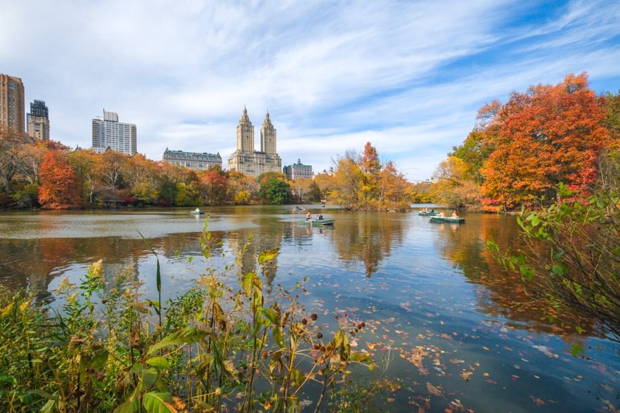 Reflexiones del lago en el mirador de Wood Chip en Central Park, Nueva York
